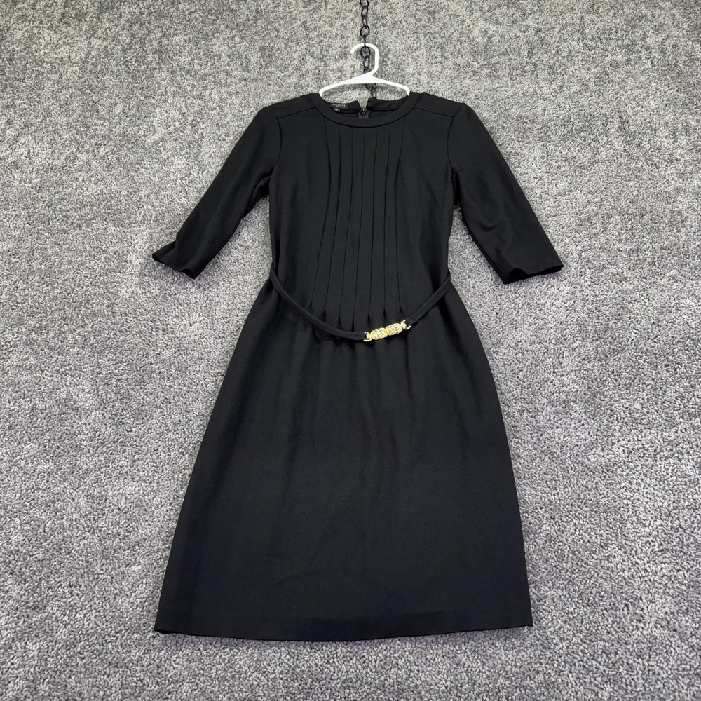 Talbots Dress Womens 8P Black Sheath 3/4 Sleeve Pleated Belted Knit Midi Work